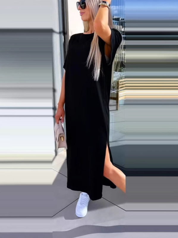 Полиестерна рокля с разрез, кръгла яка, едноцветна, дълга пола