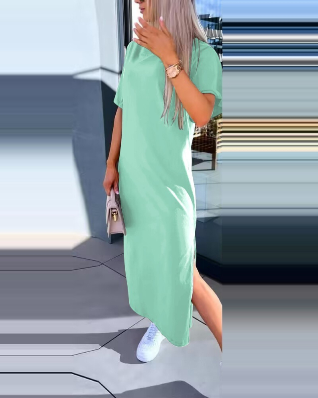 Полиестерна рокля с разрез, кръгла яка, едноцветна, дълга пола