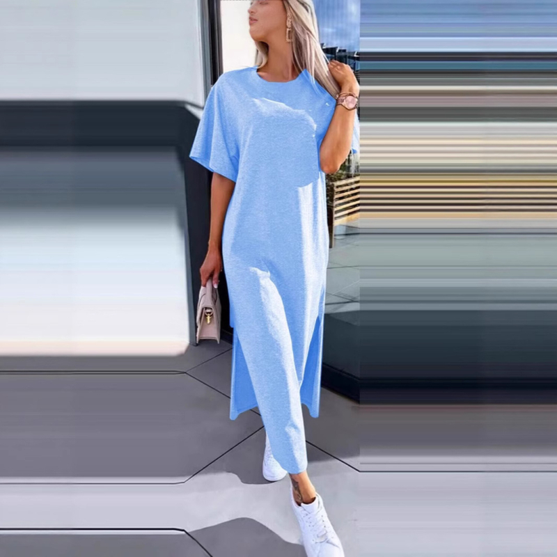 Полиестерна рокля с разрез, кръгла яка, едноцветна, дълга пола