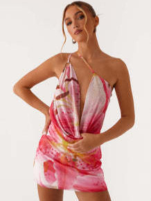 Virágmintás ruha, ujjatlan, gallér nélküli, hosszú, rugalmas anyag