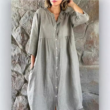 Pamut és len anyagú hosszú ruha, egyszínű, elöl gombos