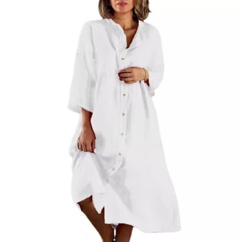 Pamut és len anyagú hosszú ruha, egyszínű, elöl gombos