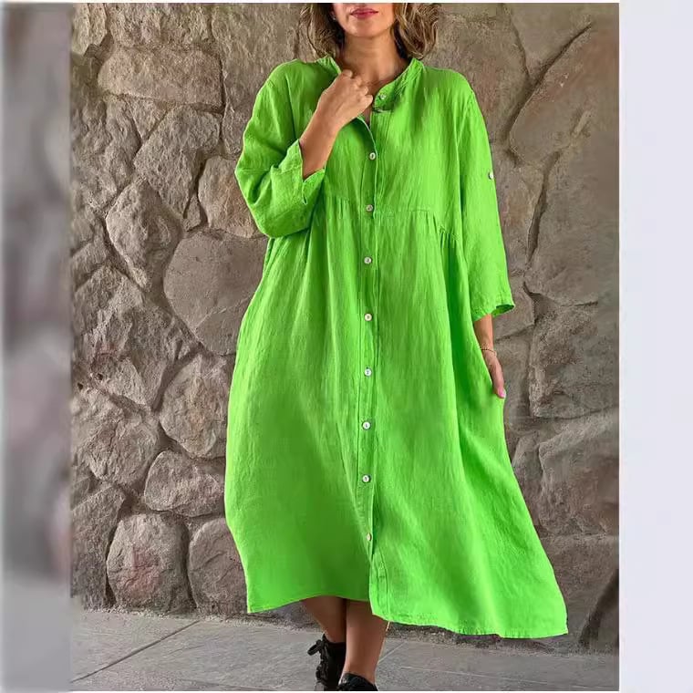 Pamut és len anyagú hosszú ruha, egyszínű, elöl gombos