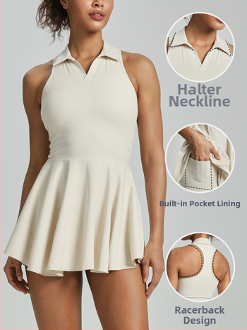 Moterų teniso suknelės komplektas, kvėpuojantis be rankovių, halterio kaklu ir liemens įtempimu, nailonas 75% + spandekso 25%