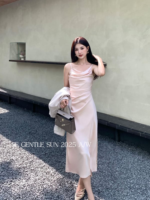 Pántos ruha, magas derekú, hosszú szoknya, egyszínű poliészter anyag