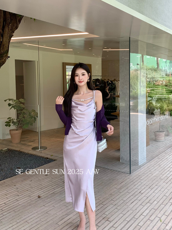 Pántos ruha, magas derekú, hosszú szoknya, egyszínű poliészter anyag