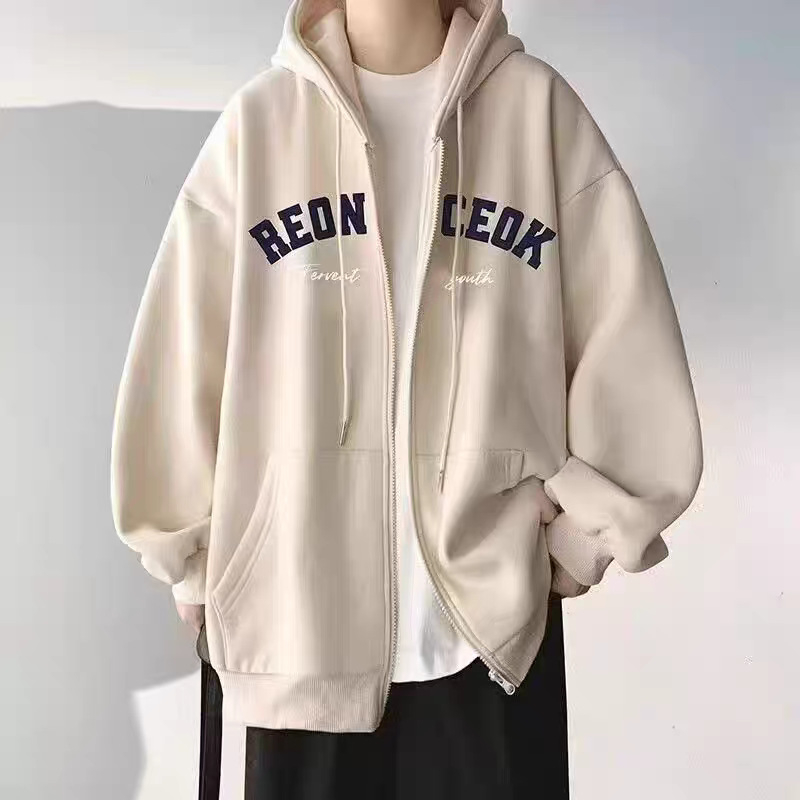 Ženski hooded cardigan sweatshirt s kapuljom, alfabet potpis, korejski casual stil, slobodan kroj, mješavina pamuka i poliestera, fleece iznutra