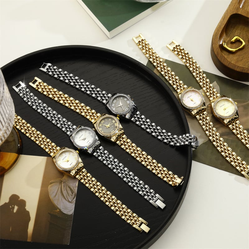 Дамски кварцов часовник с каишка от неръждаема стомана, кръгъл циферблат, корпус от сплав, кристални акценти