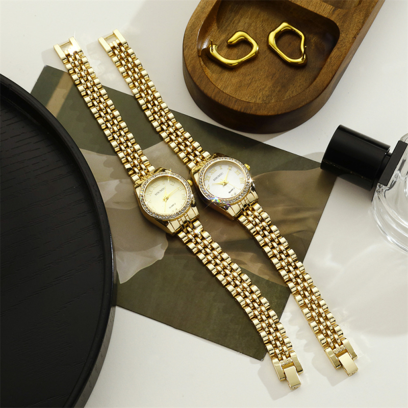 Дамски кварцов часовник с каишка от неръждаема стомана, кръгъл циферблат, корпус от сплав, кристални акценти