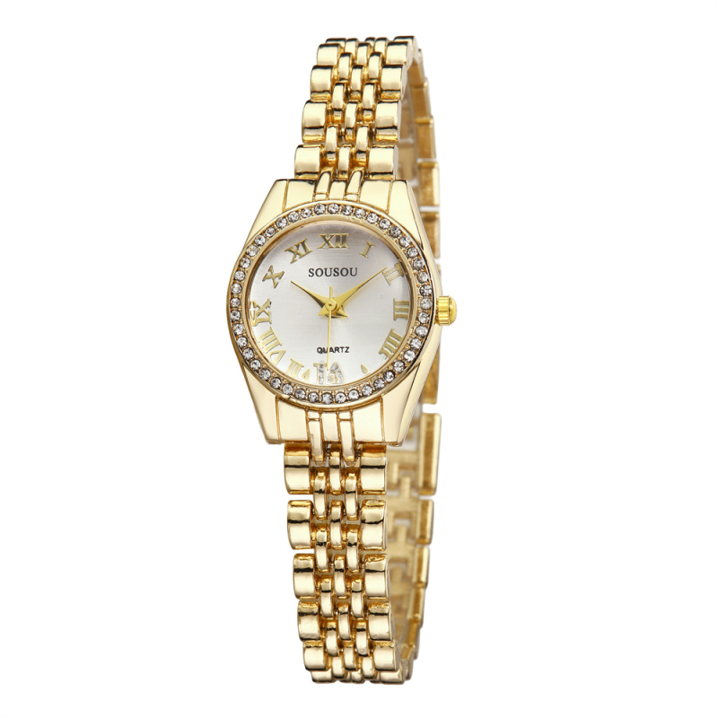 Дамски кварцов часовник с каишка от неръждаема стомана, кръгъл циферблат, корпус от сплав, кристални акценти