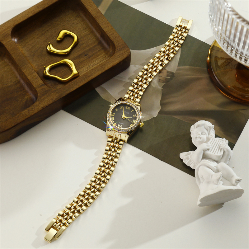 Дамски кварцов часовник с каишка от неръждаема стомана, кръгъл циферблат, корпус от сплав, кристални акценти