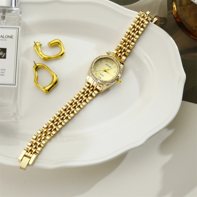 Дамски кварцов часовник с каишка от неръждаема стомана, кръгъл циферблат, корпус от сплав, кристални акценти