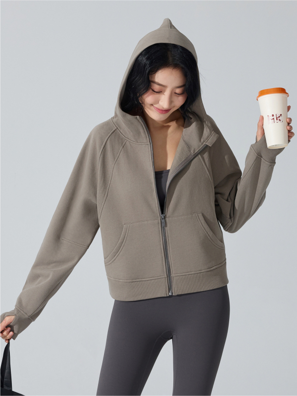 Дамски суитшърт с цип, дълги ръкави, свободна кройка, дължина до талия, памук-полиестер смесена тъкан, запазва топлината