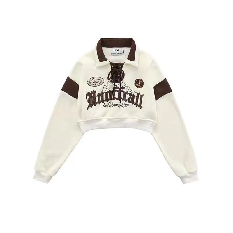 Ženska dukserica s polo ovratnikom, patchwork izvezom, američki retro stil, uski kroj, kratka duljina, za proljeće, jesen i zimu