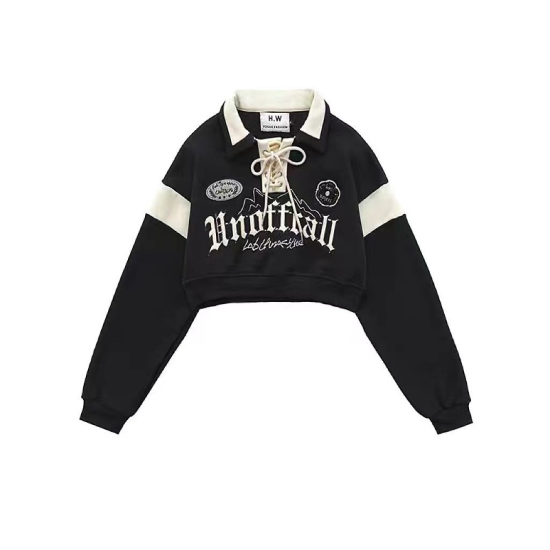 Ženska dukserica s polo ovratnikom, patchwork izvezom, američki retro stil, uski kroj, kratka duljina, za proljeće, jesen i zimu