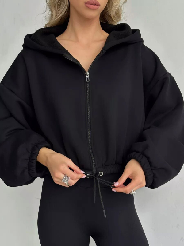 Ženski hoodies s zipom, labav kroj, dugi rukavi, mješavina pamuka i poliestera, ulični stil, proljeće 2024