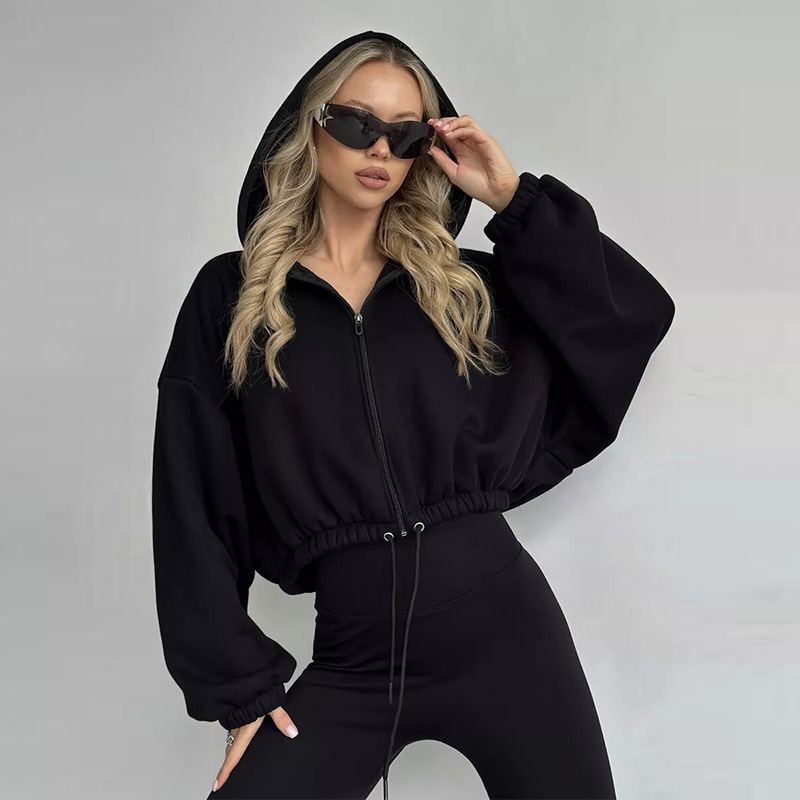 Ženski hoodies s zipom, labav kroj, dugi rukavi, mješavina pamuka i poliestera, ulični stil, proljeće 2024
