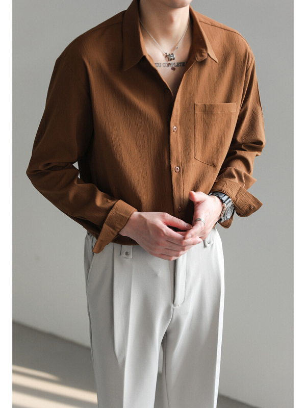 Риза - модерен корейски стил, дълъг ръкав, свободна кройка, безгладна материя, бродиран логотип