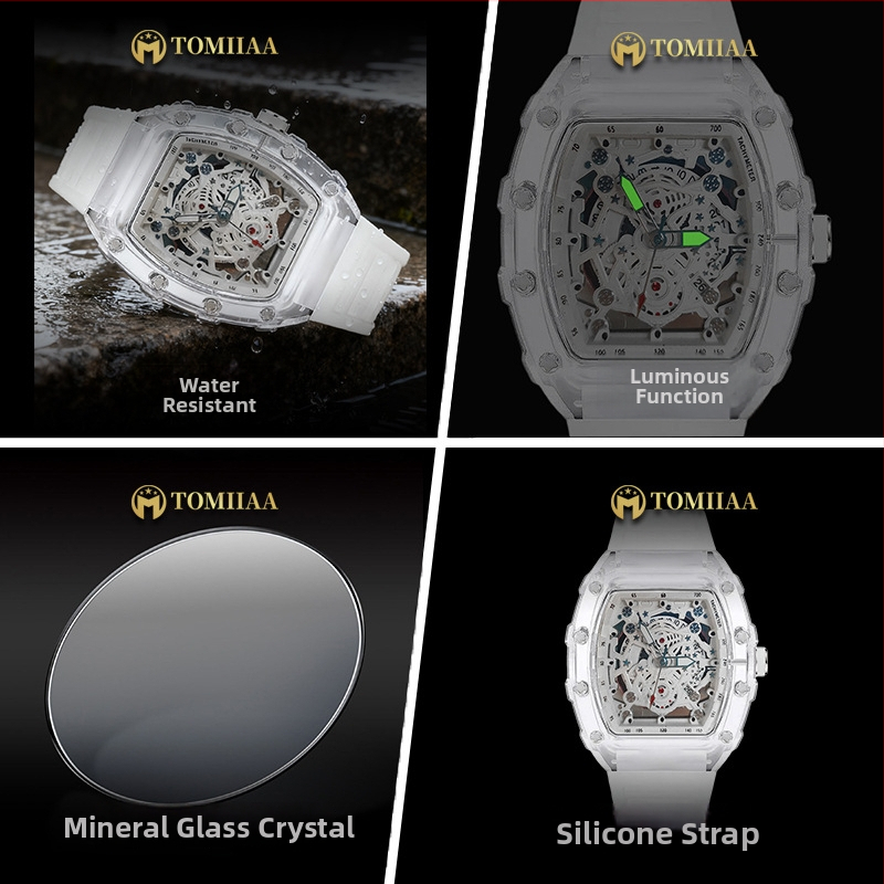 Tomiiaa skeleton kvarcni sat - prozirna kućišta, luminescentski brojčanik, kalendar, 41 mm brojčanik, silikon narukvica
