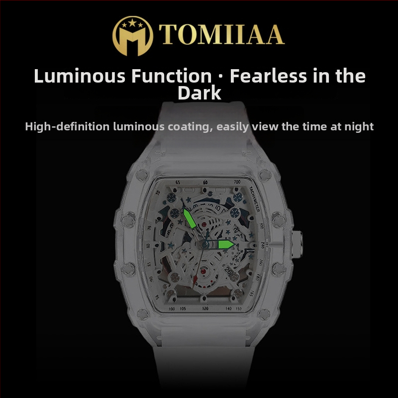 Tomiiaa skeleton kvarcni sat - prozirna kućišta, luminescentski brojčanik, kalendar, 41 mm brojčanik, silikon narukvica