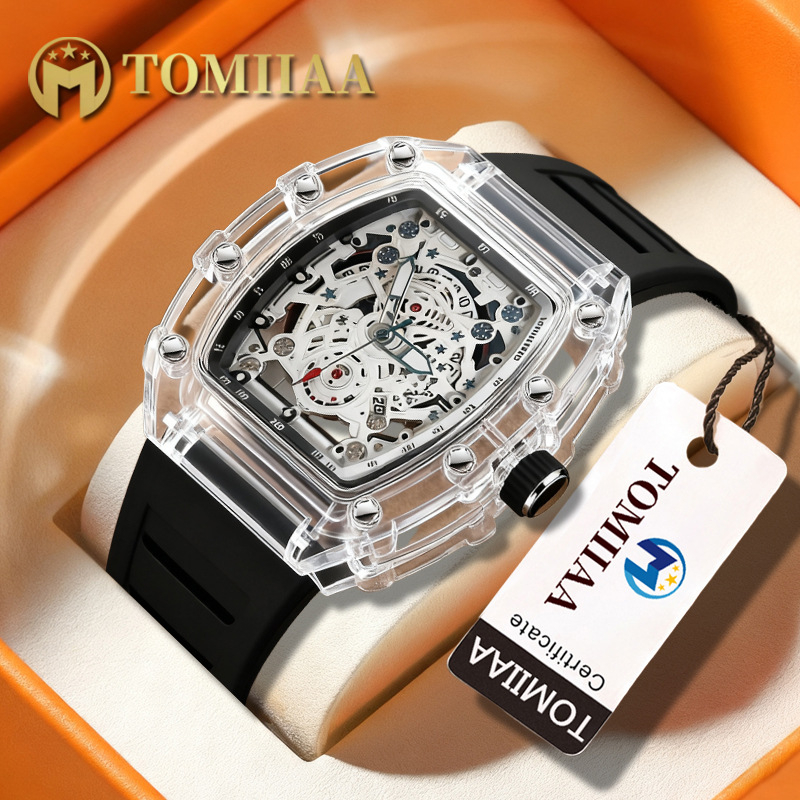 Tomiiaa skeleton kvarcni sat - prozirna kućišta, luminescentski brojčanik, kalendar, 41 mm brojčanik, silikon narukvica