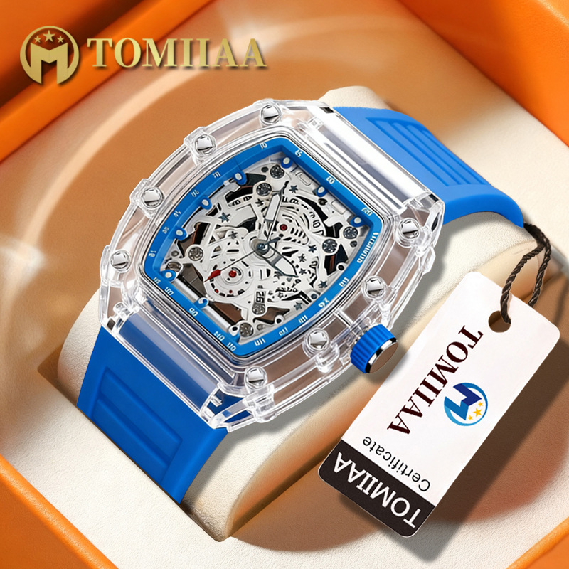Tomiiaa skeleton kvarcni sat - prozirna kućišta, luminescentski brojčanik, kalendar, 41 mm brojčanik, silikon narukvica
