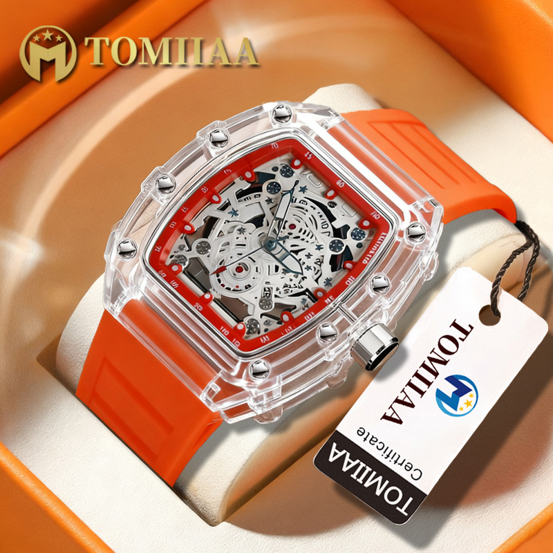Tomiiaa skeleton kvarcni sat - prozirna kućišta, luminescentski brojčanik, kalendar, 41 mm brojčanik, silikon narukvica