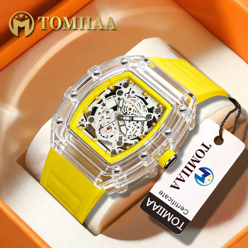 Tomiiaa skeleton kvarcni sat - prozirna kućišta, luminescentski brojčanik, kalendar, 41 mm brojčanik, silikon narukvica