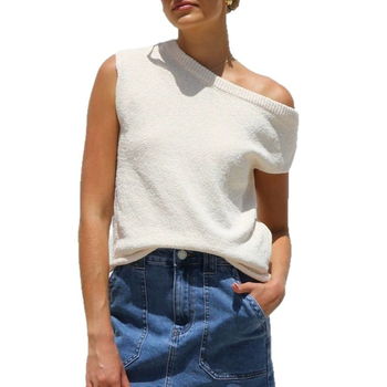 Ženski pleteni top - Y2K gradski stil, otvoreni rameni izrez, 3/4 rukavi, širok kroj, poliester pletenina, jednobojan