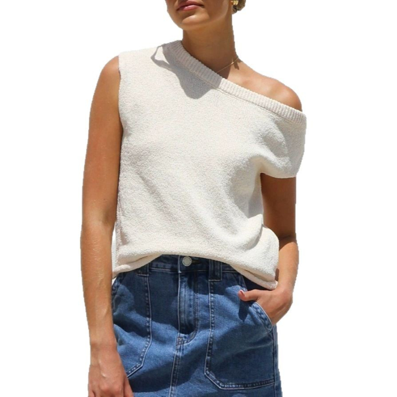 Ženski pleteni top - Y2K gradski stil, otvoreni rameni izrez, 3/4 rukavi, širok kroj, poliester pletenina, jednobojan