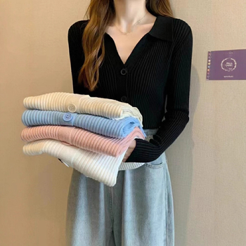 Ženski pleteni top s polo ovratnikom, otvoreni stil košulje, dugi rukavi, standardna duljina, smjesa akrila i poliestera
