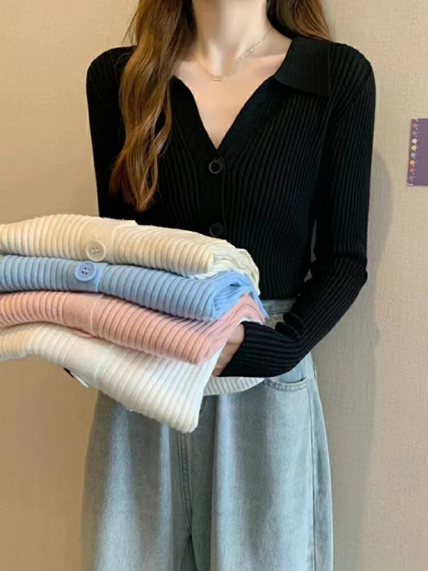 Ženski pleteni top s polo ovratnikom, otvoreni stil košulje, dugi rukavi, standardna duljina, smjesa akrila i poliestera