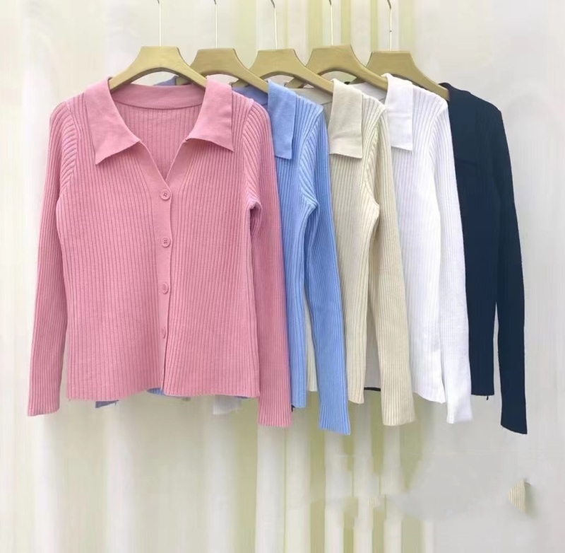 Ženski pleteni top s polo ovratnikom, otvoreni stil košulje, dugi rukavi, standardna duljina, smjesa akrila i poliestera