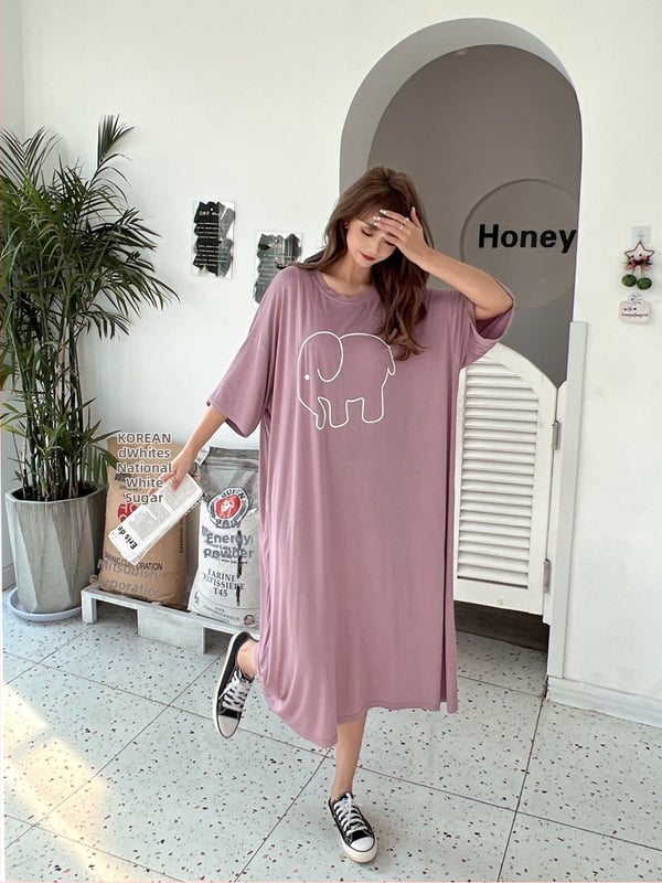 Νυχτικό από Modal με στρογγυλό λαιμόκοψη, 3/4 μανίκια και μακριά φούστα — διαπνέον, άνετο οικιακό ρούχο, κατάλληλο και για εξωτερική χρήση