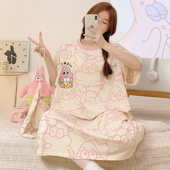 Γυναικείο βαμβακερό νυχτικό για καλοκαίρι, μεσαίου μήκους, γλυκό σχέδιο κινουμένων σχεδίων, 90–95% βαμβάκι, στρογγυλός λαιμός, 3/4 μανίκια, άνετο οικιακό ρουχισμό