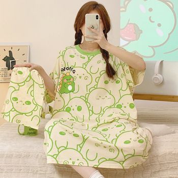 Γυναικείο βαμβακερό νυχτικό για καλοκαίρι, μεσαίου μήκους, γλυκό σχέδιο κινουμένων σχεδίων, 90–95% βαμβάκι, στρογγυλός λαιμός, 3/4 μανίκια, άνετο οικιακό ρουχισμό