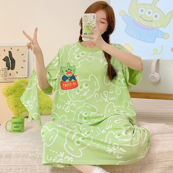 Γυναικείο βαμβακερό νυχτικό για καλοκαίρι, μεσαίου μήκους, γλυκό σχέδιο κινουμένων σχεδίων, 90–95% βαμβάκι, στρογγυλός λαιμός, 3/4 μανίκια, άνετο οικιακό ρουχισμό