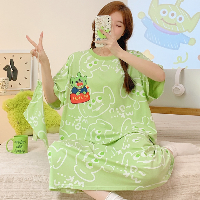 Γυναικείο βαμβακερό νυχτικό για καλοκαίρι, μεσαίου μήκους, γλυκό σχέδιο κινουμένων σχεδίων, 90–95% βαμβάκι, στρογγυλός λαιμός, 3/4 μανίκια, άνετο οικιακό ρουχισμό