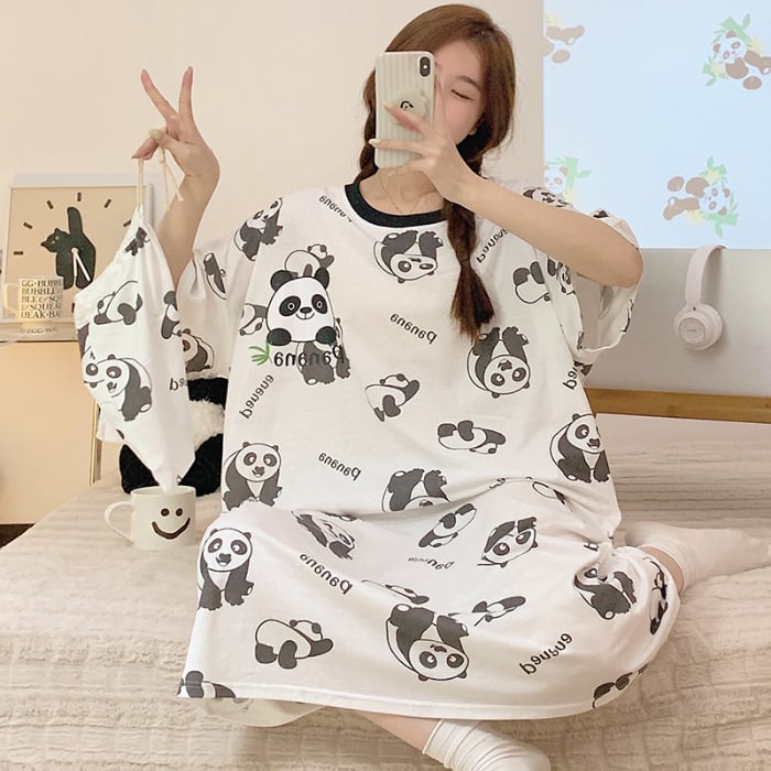 Γυναικείο βαμβακερό νυχτικό για καλοκαίρι, μεσαίου μήκους, γλυκό σχέδιο κινουμένων σχεδίων, 90–95% βαμβάκι, στρογγυλός λαιμός, 3/4 μανίκια, άνετο οικιακό ρουχισμό