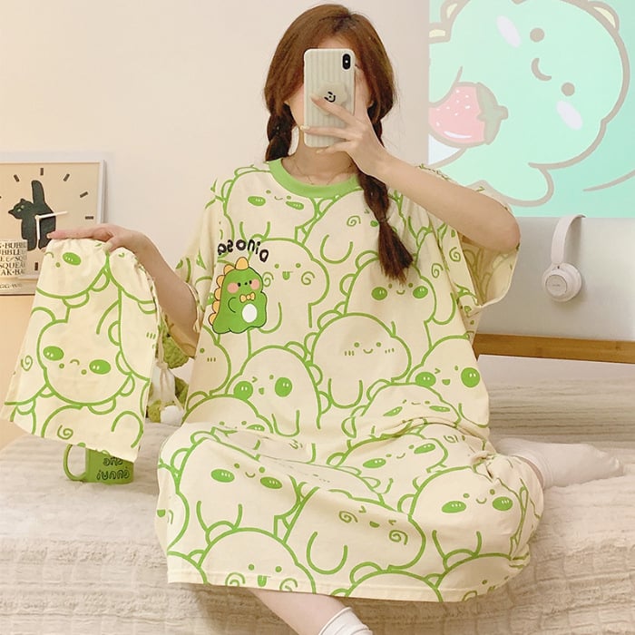 Γυναικείο βαμβακερό νυχτικό για καλοκαίρι, μεσαίου μήκους, γλυκό σχέδιο κινουμένων σχεδίων, 90–95% βαμβάκι, στρογγυλός λαιμός, 3/4 μανίκια, άνετο οικιακό ρουχισμό