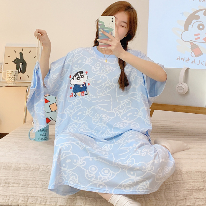 Γυναικείο βαμβακερό νυχτικό για καλοκαίρι, μεσαίου μήκους, γλυκό σχέδιο κινουμένων σχεδίων, 90–95% βαμβάκι, στρογγυλός λαιμός, 3/4 μανίκια, άνετο οικιακό ρουχισμό