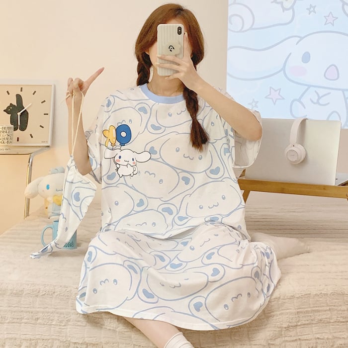 Γυναικείο βαμβακερό νυχτικό για καλοκαίρι, μεσαίου μήκους, γλυκό σχέδιο κινουμένων σχεδίων, 90–95% βαμβάκι, στρογγυλός λαιμός, 3/4 μανίκια, άνετο οικιακό ρουχισμό