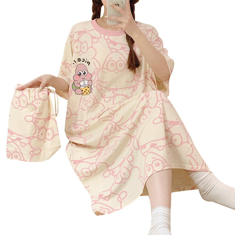 Γυναικείο βαμβακερό νυχτικό για καλοκαίρι, μεσαίου μήκους, γλυκό σχέδιο κινουμένων σχεδίων, 90–95% βαμβάκι, στρογγυλός λαιμός, 3/4 μανίκια, άνετο οικιακό ρουχισμό