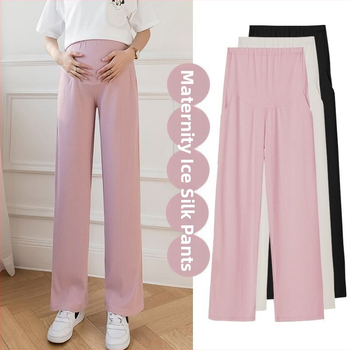 Pantaloni pentru gravide cu croială largă, țesătură subțire Ice Silk, susținere abdominală, lungime 9/10, poliester cu spandex