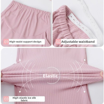 Pantaloni pentru gravide cu croială largă, țesătură subțire Ice Silk, susținere abdominală, lungime 9/10, poliester cu spandex