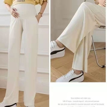 Pantaloni pentru gravide cu croială largă, țesătură subțire Ice Silk, susținere abdominală, lungime 9/10, poliester cu spandex