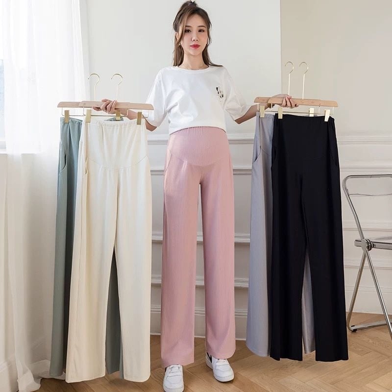 Pantaloni pentru gravide cu croială largă, țesătură subțire Ice Silk, susținere abdominală, lungime 9/10, poliester cu spandex