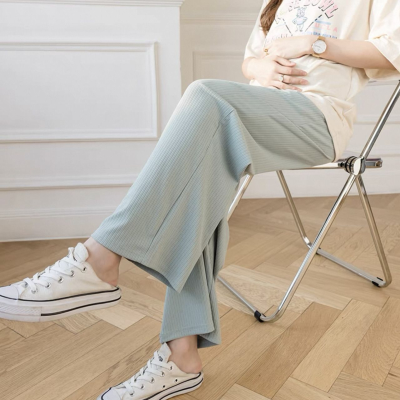 Pantaloni pentru gravide cu croială largă, țesătură subțire Ice Silk, susținere abdominală, lungime 9/10, poliester cu spandex