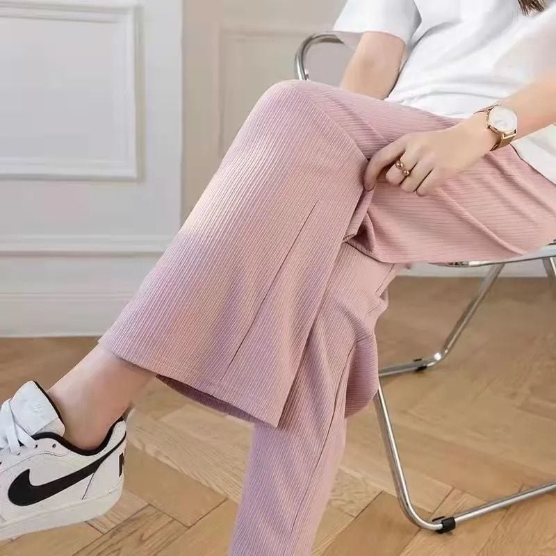 Pantaloni pentru gravide cu croială largă, țesătură subțire Ice Silk, susținere abdominală, lungime 9/10, poliester cu spandex