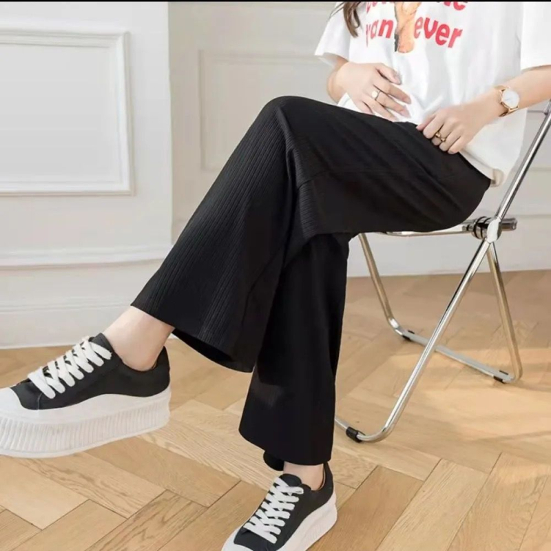 Pantaloni pentru gravide cu croială largă, țesătură subțire Ice Silk, susținere abdominală, lungime 9/10, poliester cu spandex